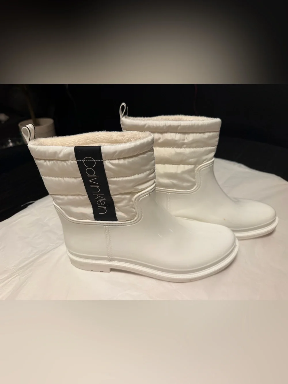 Calvin Klein White Quilted Faux-Fur Lined Rain Ankle Boots